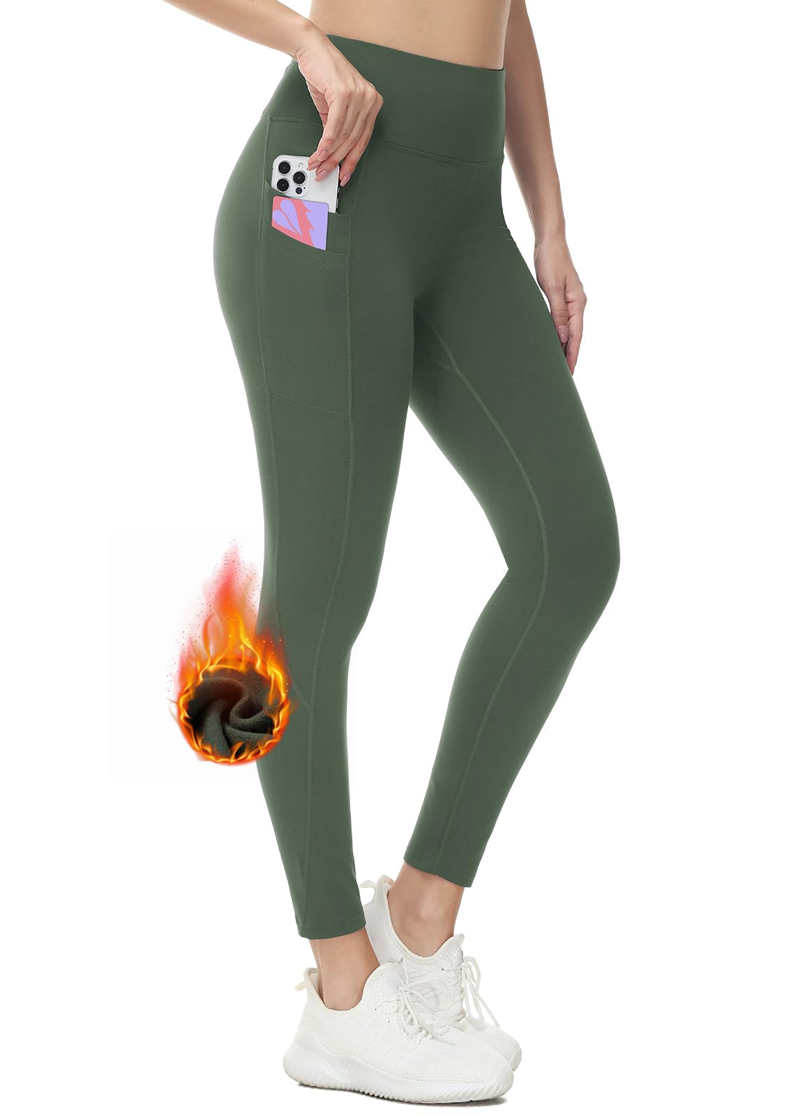 baleaf Fleece Lined Leggings Women Water Resistant 25" Petite Winter Warm Legging Thermal Running Tights Yoga Hiking Pants Green L
