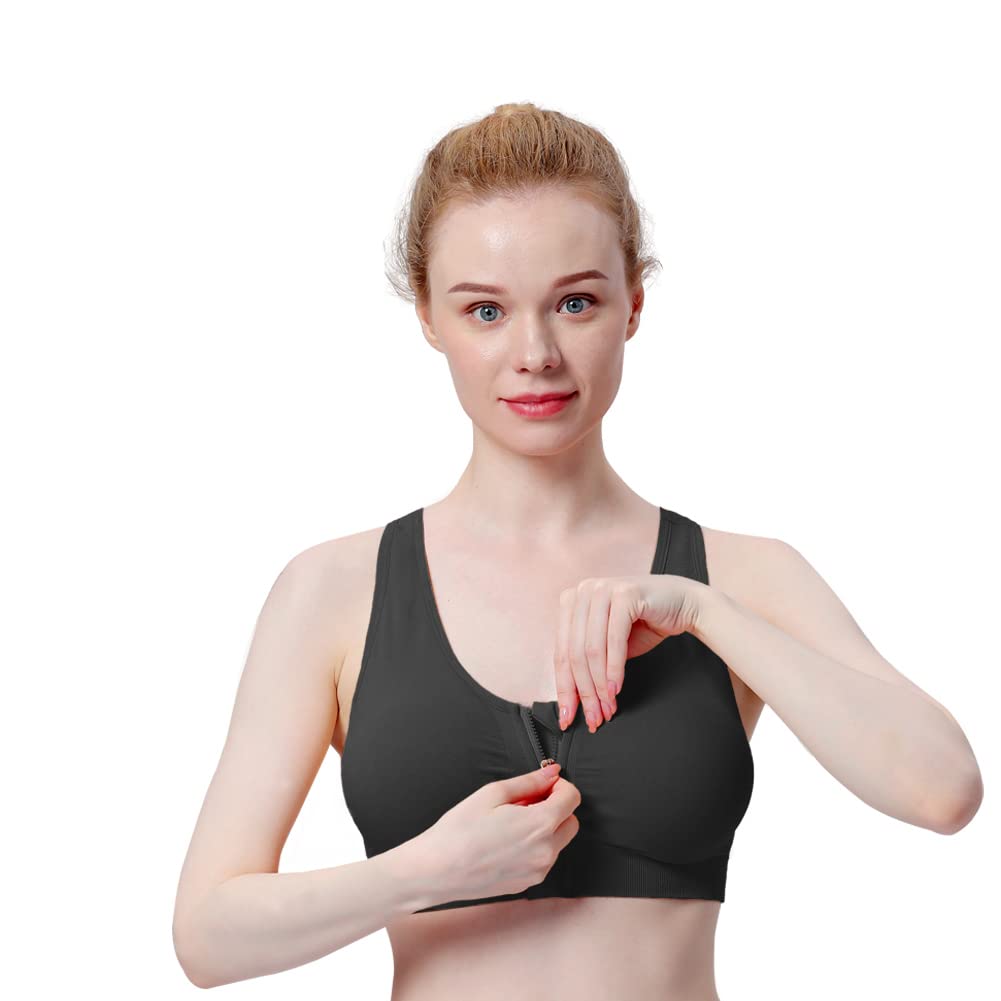 Women's Zip Front Sports Bra - Wireless, Padded, Racerback, Running, Yoga, Seamless Mastectomy Bra - Post-Surgery Zipper Closure