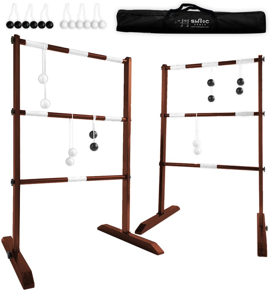 SWOOC Games® - Premium Wooden Ladder Ball Game Set (Weather Resistant) - with 10+ Games & Carrying Case - Easy, No Tool Set Up - Premium Ladder Toss Outdoor Game - Backyard Ball Toss Games
