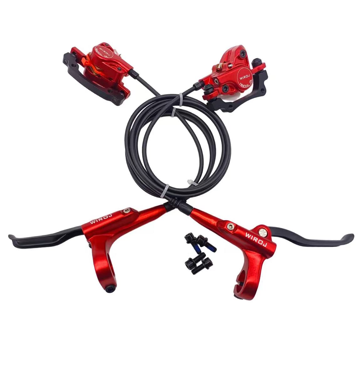 WIROJ Mountain Bike Hydraulic Disc Brake Set, Front & Rear Disc Brake Kit Fit Bicycle MTB XC Trail, e-Bike, Fat Bike, Upgrade kit for Mechanical Disc Brake (Red - Left Front & Right Back)