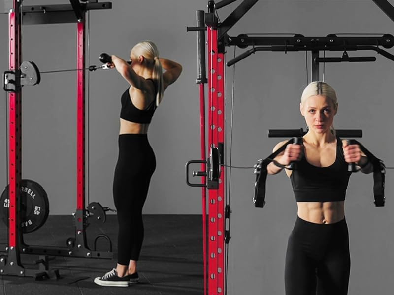 Power Cage - 1500LBS Multi-Function Workout Rack with Cable Crossover | Home Gym Equipment (Red)