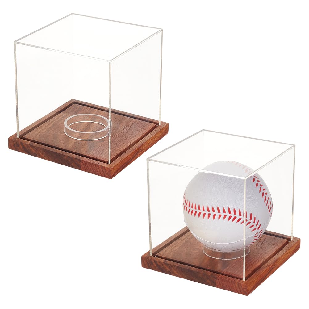 PH PandaHall 2PCS Baseball Display Case Clear Actylic Display Box Cube Tennis Ball Holder Stand Single Ball Showcase with Brown Wood Base and Ring for Memorabilia and Autographed Balls