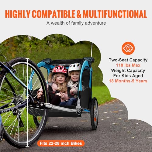 VEVOR Bike Trailer for Toddlers, Kids, Double Seat, 110 lbs Load, Tow Behind Foldable Child Bicycle Trailer with Universal Bicycle Coupler, Canopy Carrier with Strong Carbon Steel Frame, Blue and Gray