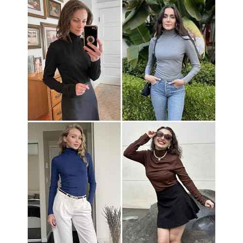 Ekouaer Women Turtleneck Shirt Long Sleeve Layer Tops Basic Ribbed Tees Soft Stretch Thermal Undershirts Lightweight Blouse