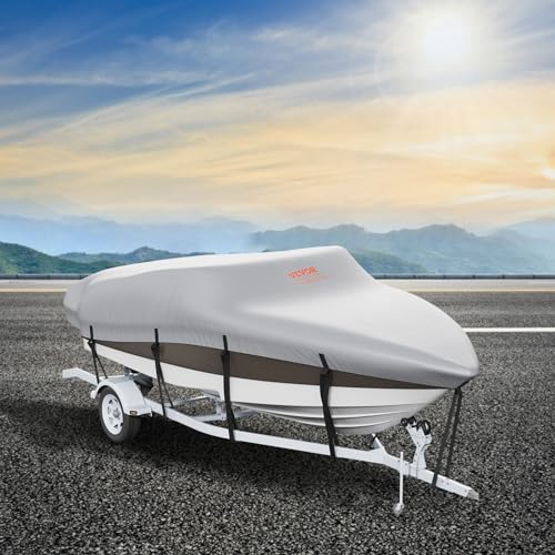 VEVOR Boat Cover 14-16 ft Trailerable Waterproof Boat Cover, 600D Marine Grade PU Oxford Bass Boat Cover, with Motor Cover and Buckle Straps, for V-Hull, Tri-Hull, Fish Ski Boat, Runabout, Grey