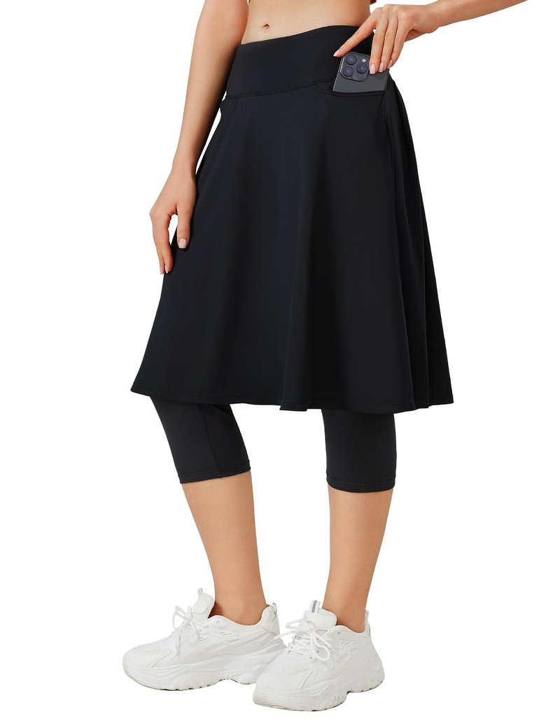 ANIVIVO 24" Long Knee Length Skirted Leggings for Women,Modest Athletic Skirt with Leggings Pleated Workout Skirt Zipper Pockets(Black,M)