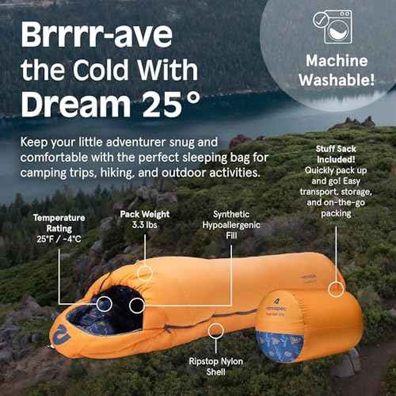 Retrospec Dream 25 Kids Sleeping Bag for Camping - Mummy Style, Water-Resistant, Lightweight 3lbs 3oz, Adjustable Length, Draft Collar, 25¡ÆF Rating