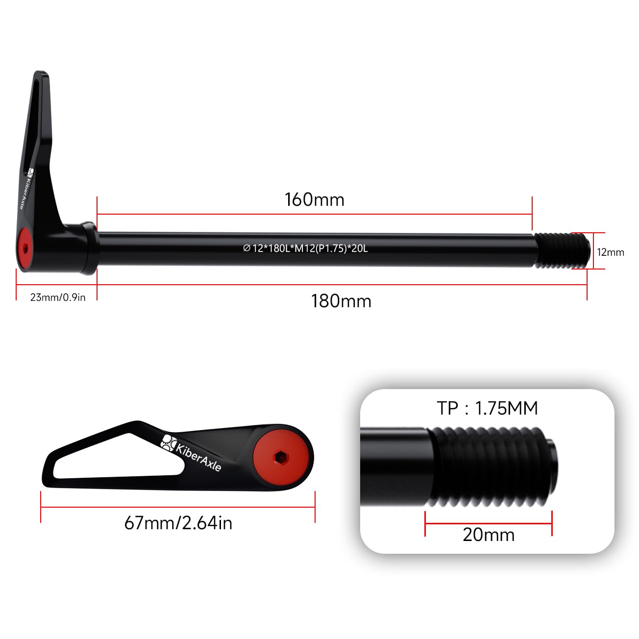 KiberAxle 12mm Quick Release Thru Axles for Bike Forks and Rear Shock, Mountain and Road Bike Aluminum Alloy Hubs Adapter Axle with Adjustable Revolve Handle, Thread Pitch: 1.75 mm/Length: 180mm