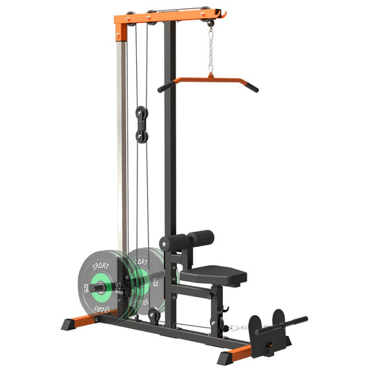 SPART LAT Tower, LAT Pull Down and Low Row Cable Machine with Flip Up Footplate, Heavy Duty Upper Body Machine with High and Low Pulley Station, Home Gym Back Exercise Machine, Orange