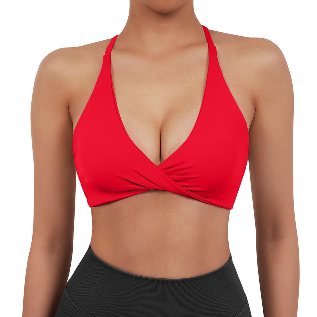 SUUKSESS Women 2 Piece Open Back Strappy Sports Bra Pack Twist Front V Neck Padded Workout Crops (#2 White & Red, M)