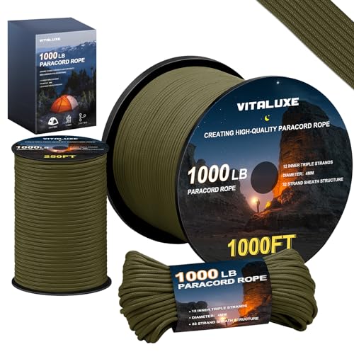 VITALUXE 1000Ib Paracord Rope, Tactical Parachute Cord with 12 Triple Strands, Heavy Duty Survival Gear for Camping, Hiking, Ideal for Bracelets, Lanyards, Diameter: 4MM, 100FT, Army Green