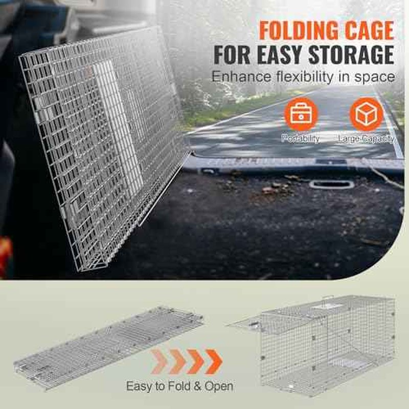 VEVOR Live Animal Cage Trap, 42" x 16" x 18" Humane Cat Trap Galvanized Iron, Folding Animal Trap Cage with Handle for Stray Dogs, Armadillos, Raccoons, Foxes