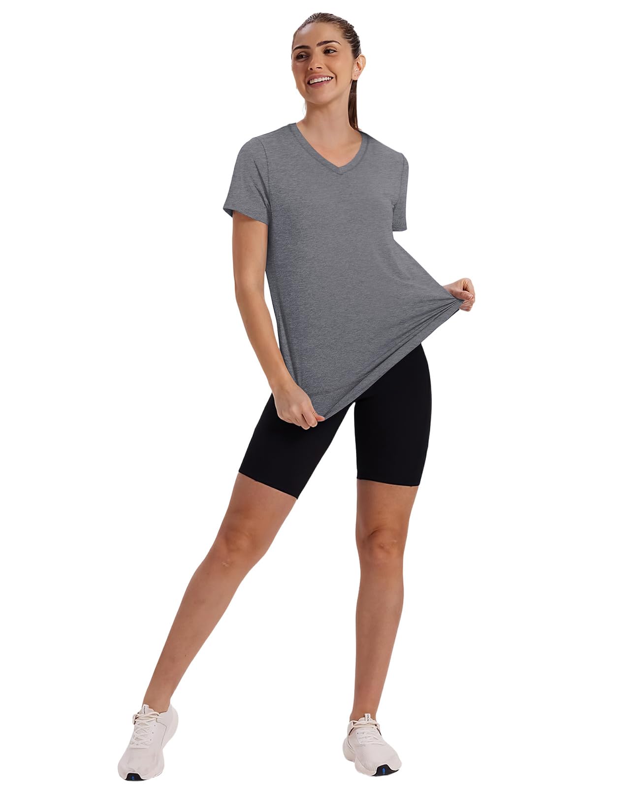 Oversized Tshirts for Women Dry Fit Plus Size Spring Clothes Summer Athletic Tops Workout Shirts V Neck Grey 3XL