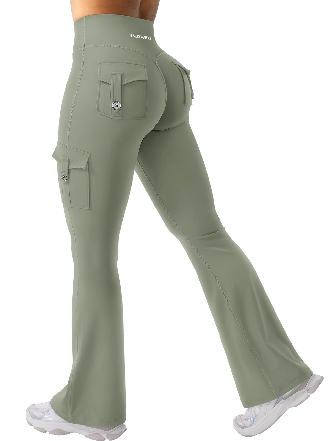 YEOREO CoreFlex Women Workout Flare Leggings with Pockets Hidden Scrunch High Waisted Cargo Gym Yoga No Front Seam Leggings Light Army Green M
