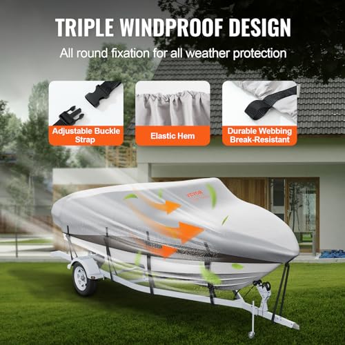 VEVOR Boat Cover 14-16 ft Trailerable Waterproof Boat Cover, 600D Marine Grade PU Oxford Bass Boat Cover, with Motor Cover and Buckle Straps, for V-Hull, Tri-Hull, Fish Ski Boat, Runabout, Grey