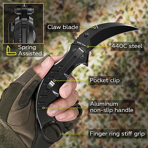 Spring Assisted Karambit Knife - Tactical Karambit Folding Knife - Pocket & Folding Knife - Military Sharp Tiger Claw Knives - Best Combat for Hunting Camping EDC for Men - Birthday Mens Gifts X-42