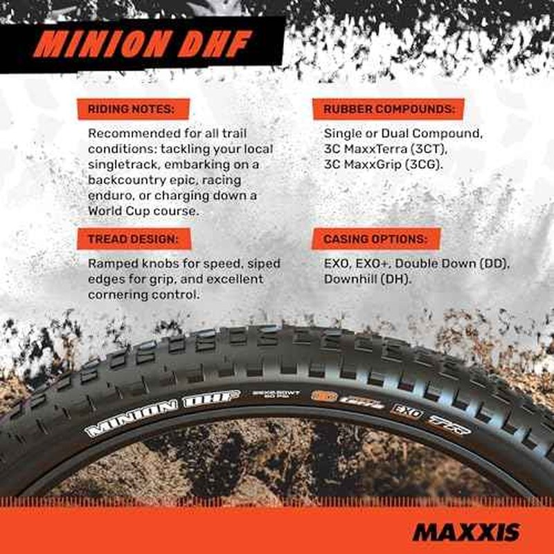 MAXXIS Minion DHF - Dual Compound - 20, 24, 26, 27.5, 29 - EXO - E25 Rating, Tubeless | Gold Standard of Gravity Focused Tread, Size 27.5x2.60WT - EXO, E25