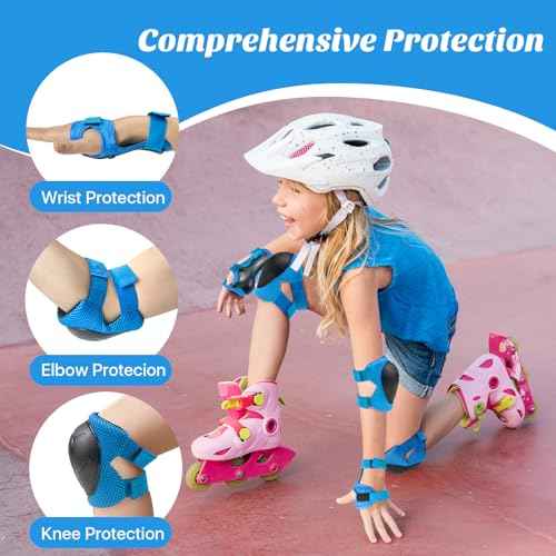 Knee Pads for Kids Knee Pads and Elbow Pads Toddler Protective Gear Set Kids Elbow Pads and Knee Pads for Girls Boys with Wrist Guards 3 in 1 for Skating Cycling Bike Rollerblading Scooter-Blue M