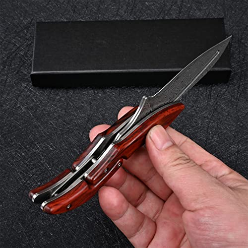 SDOKEDC Damascus Steel Folding Knife Tactical Military Pocket Knife Yellow Sandalwood Handle Mechanical Lock Outdoor Camping Survival Hunting Self Defense Multitool (Curved blade)