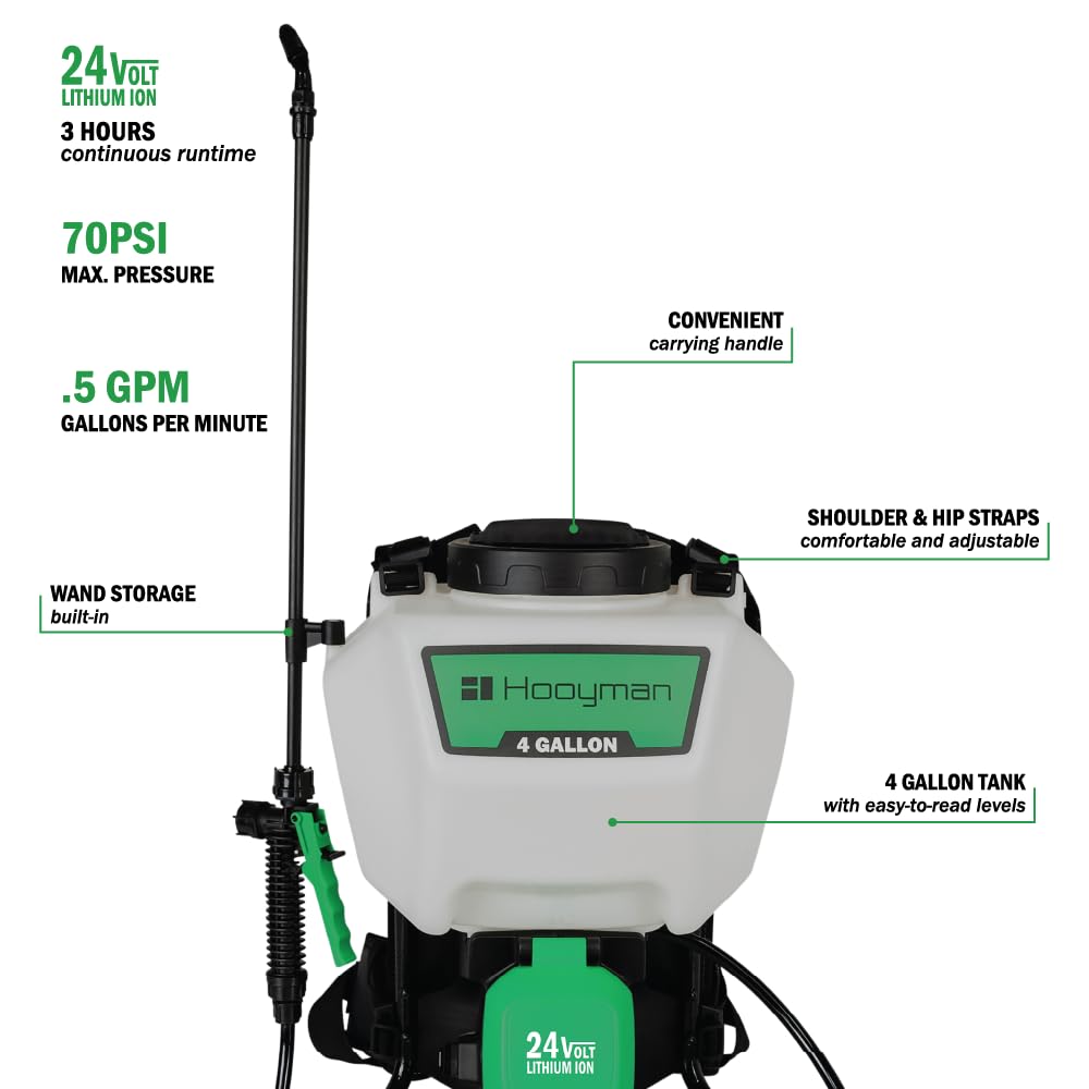 Hooyman Backpack Sprayer with 5 Spray Nozzles, 24V, 4 Gal, for Liquid Spraying, Land Management, and Lawncare