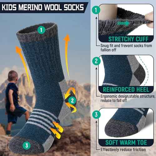 DoSmart Kids Hiking Walking Socks, Boys Girls Toddlers Merino Wool Warm Wicking Cushion Crew Socks
