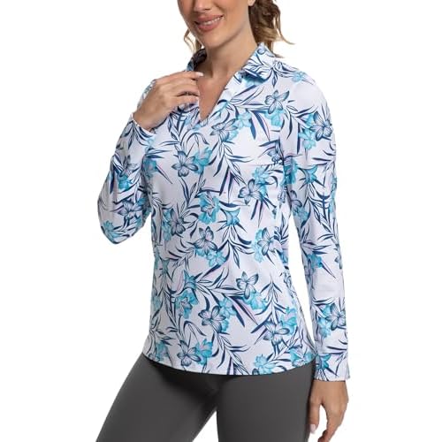 Women's Golf Polo Shirts Long Sleeve Workout Tops V Neck UPF 50+ Sun Protection Quick Dry Lightweight Active Shirts