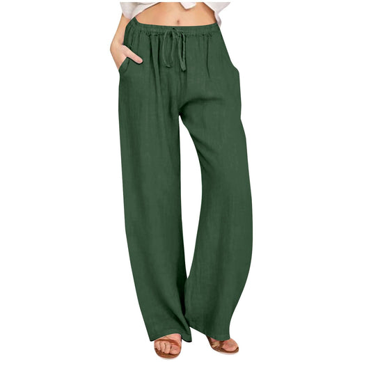 Early Access Deals of The Day Women's Cotton Linen Palazzo Pants Summer Solid Trousers Elastic High Waist Wide Leg Pants with Pockets G-green