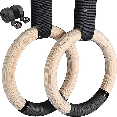 LIFERUN Gymnastics Rings, Olympic Rings Wooden 1100lbs with Adjustable Metal Buckle 16.7ft Long Straps, Pull Up Rings Workout Rings for Home Gym(Black)