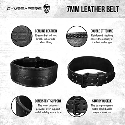 Gymreapers Weight Lifting Belt - 7MM Heavy Duty Pro Leather Belt with Adjustable Buckle - Stabilizing Lower Back Support 4 Inches Wide For Weightlifting, Bodybuilding, Cross Training (Black, Large)