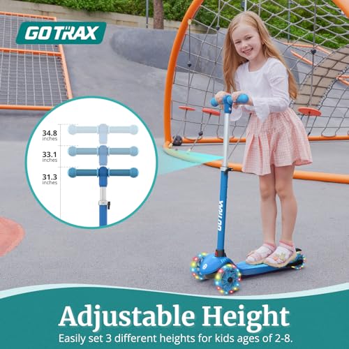 Gotrax KS1 Kids Kick Scooter, LED Lighted Wheels and 3 Adjustable Height Handlebars, Lean-to-Steer & Widen Anti-Slip Deck, 3 Wheel Scooter for Boys & Girls Ages 2-8 and up to 100 Lbs (Blue)