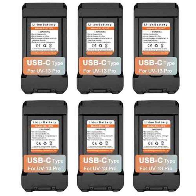 BAOFENG 6 Packs UV-13 Battery USB-C Charging Enlarge Original Li-ion Battery BL-13UV Rechargeable DC7.4V for GM-15 Pro UV-13 Pro P15UV for TYT UV88 UV98