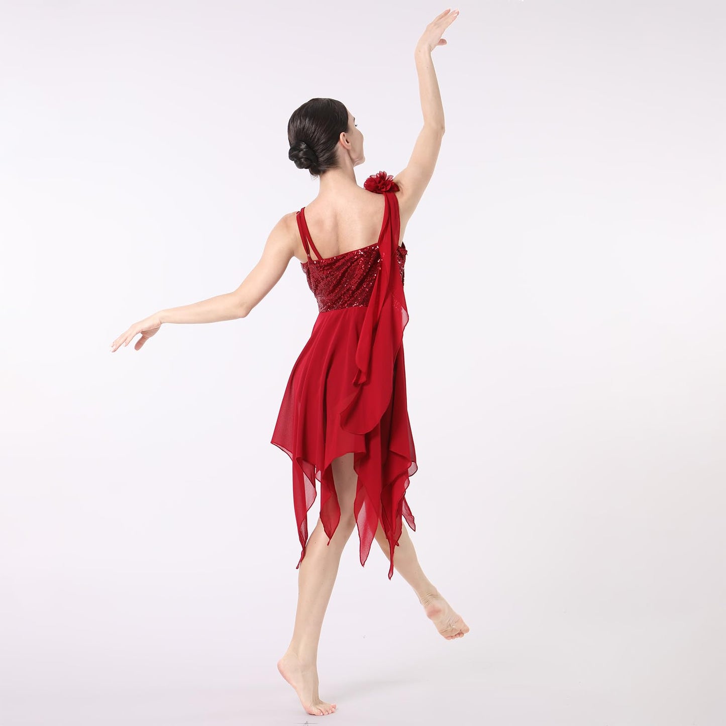 IBAKOM Lyrical Dance Dress for Women One Shoulder Flower Strap Shiny Sequins Contemporary Dance Costume Asymmetrical Chiffon Skirt Ballerina Salsa Ballroom Flowy Dresses Red Strap L