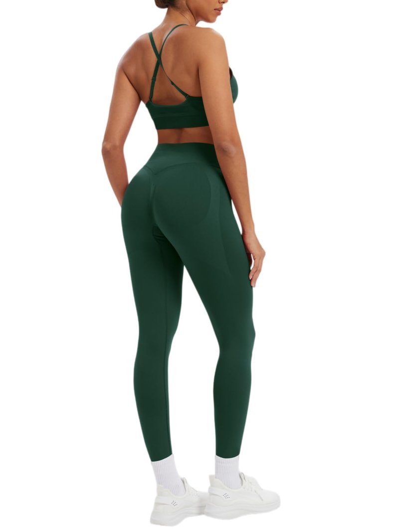 JUVOME Workout Sets for Women 2 Piece V Neck Sports Bras Matching High Waist Tummy Control Scrunch Butt Lifting Leggings Womens Two Piece Gym Athletic Active Wear Yoga Pilates Outfits Deep Forest S