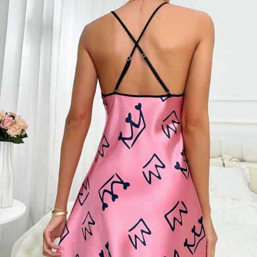 Womens Nightdress Fashion Print Sexy Backless Ice Silk Sling Pajamas Dresses Nightgowns Chemise Sleepwear Lingerie Style001 Pink Small