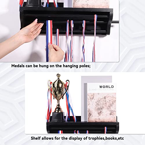 Pllieay Wooden Medal Hanger Display and Trophy Shelf, Black Medal Hanger Display with Shelf, Medal Holder, Medal Rack, Race Medal Trophy Display Shelf for Showing Your Hard-Earned Achievements