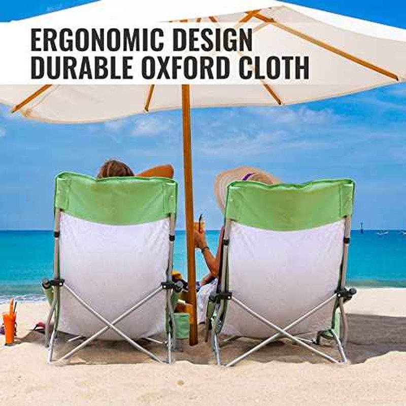 VILLEY Low Beach Chairs for Adults 2 Pack, High Back Folding Chairs, Lightweight and Portable for Outdoor, Camping, Lawn, with Cup Holder and Carry Bag - Green Tropical Leaves
