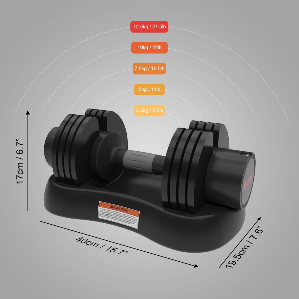 Bpulse 27.5lb Single Adjustable Dumbbell Dial Adjustable Dumbbell with Handle and Weight Plate Fast Adjust Weight by Turning Handle, Great for Full Body Workout