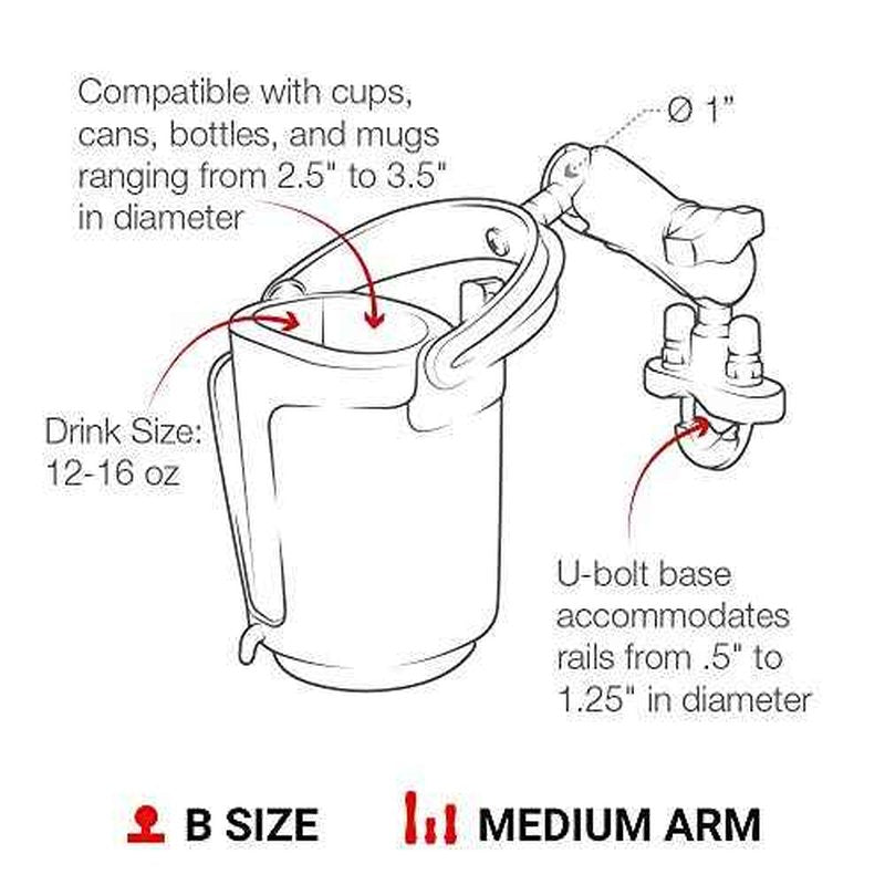 RAM Mounts Level Cup 16oz Drink Holder with Handlebar U-Bolt Base RAM-B-132RU with Medium Arm for Motorcycle, ATV/UTV, Bike
