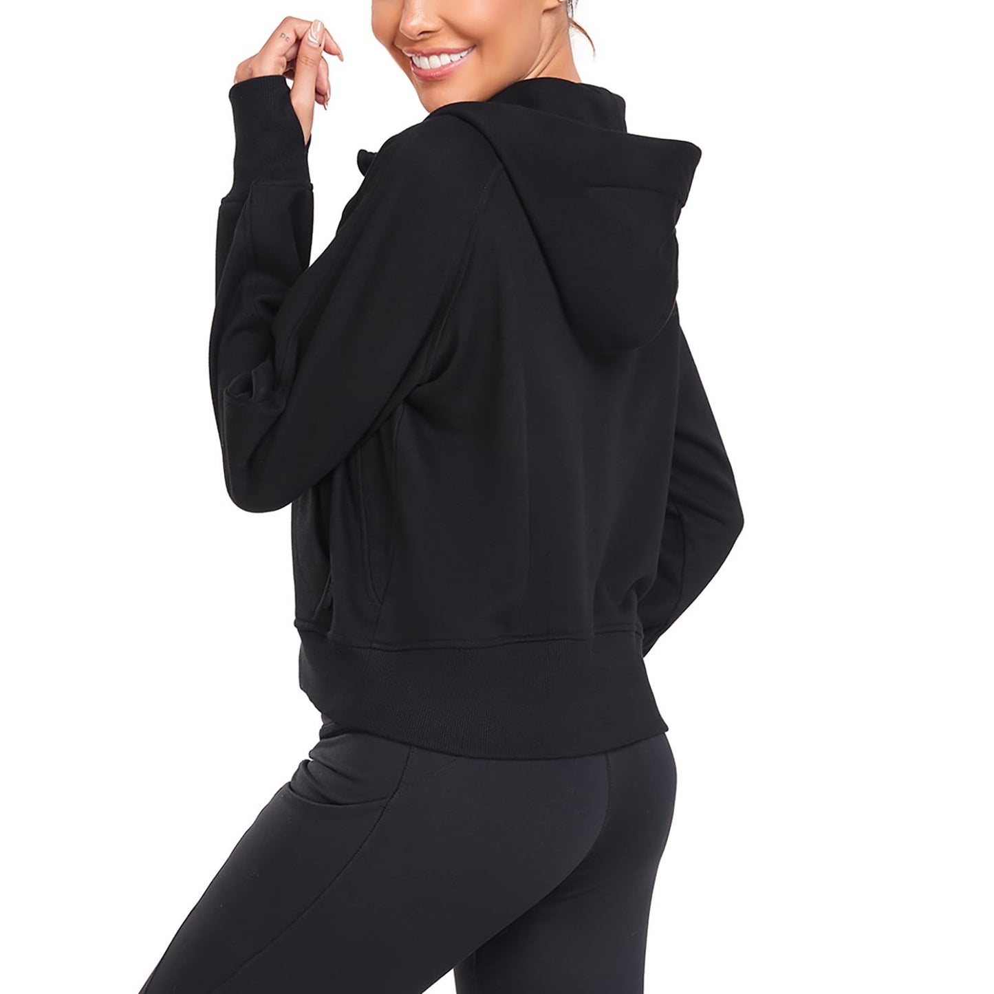 TZDNI Women's Half Zip Sweatshirt Cropped Hoodie Workout Zipper Long Sleeve Pullover With Pockets Thumb Holes Black S