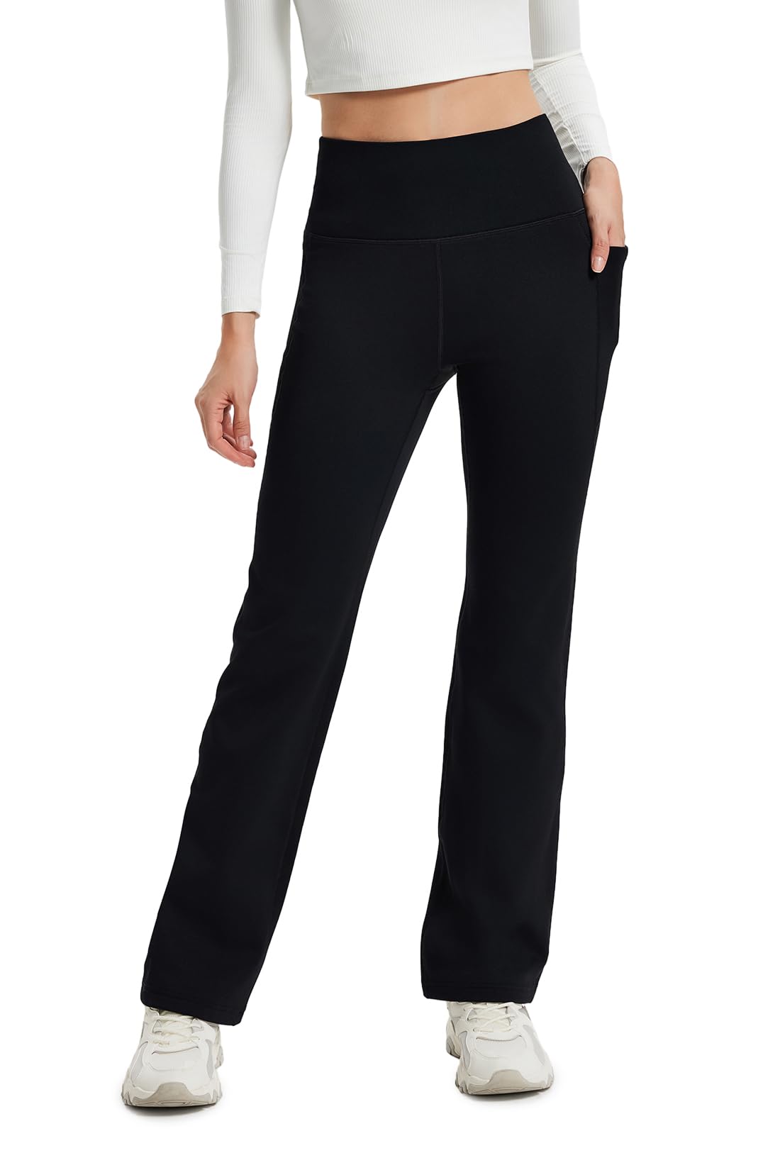 Yogipace Petite Women's CozyWarmth High Rise Thick Fleece Lined Straight Leg Thermal Sweatpants with Side Pockets,27",Black,Size M