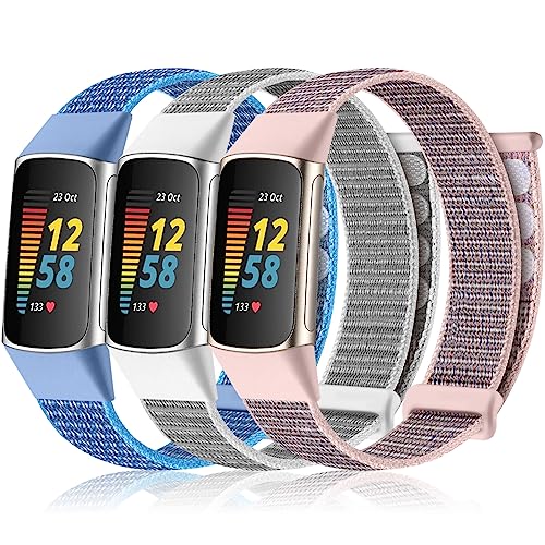 Haveda Compatible with Fitbit Charge 6/ Charge 5 Bands for Women Men, Replacement Band for Fitbit Charge 5/ Charge 6, 3 Pack Wristband Breathable Nylon Velcro Sport Strap Fitness Tracker Accessories