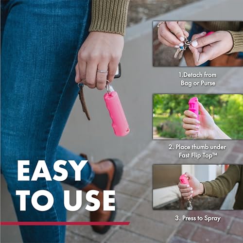 SABRE Pepper Spray with Fast Flip Top, Maximum Police Strength OC Spray, Key Ring for Easy Carry and Fast Access, Finger Grip for More Accurate and Faster Aim, 0.54 fl oz, Secure and Easy to Use