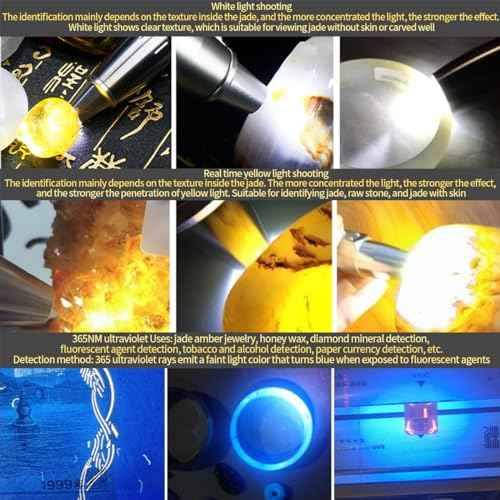 LED Rechargeable Three Light Source Jade and Jewelry Appraisal Flashlight, 365NM Ultraviolet Gemstone Jade Beeswax Detector, White, Yellow, and 365 Purple Light Multifunctional Flashlight.