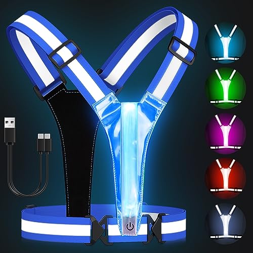 Zacro LED Reflective Vest Running Gear, 5 Lights Colors High Visibility Reflective Running Gear Rechargeable Light Up Running Vest for Walking Running Cycling, Adjustable for Men Women Kids (Blue)