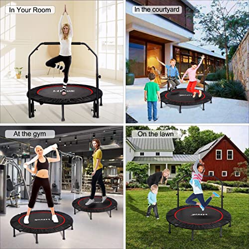 48 Inch Foldable Fitness Trampolines with 4 Level Adjustable Heights Foam Handrail,Jump Trampoline for Kids and Adults Indoor&Outdoor, Max Load 440lbs