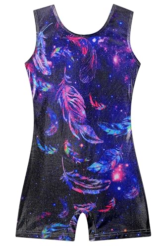 Funnycokid Gymnastics Leotards for Girls Kids Outfits Sparkly Unitards Clothes with Shorts, Feather 01, 6-7 Years