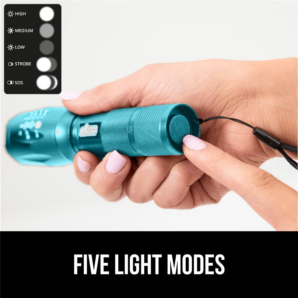 Gorilla Grip Powerful LED 750 FT Water Resistant 5 Adjustable Mode Tactical Flashlight, High Lumens Ultra Bright Battery Zoom Flashlights, Small Camping Car Mini Flash Light Accessory 2 Pack Turquoise