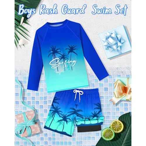 Boys Rash Guard Swim Set with Swim Trunks Bathing Suit Long Sleeve Swim Shirt Quick Dry Swimsuit Kids Swimwear Size 7-16