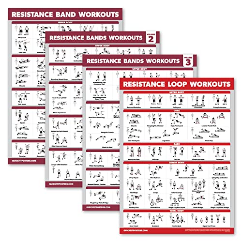 4 Pack - Resistance Bands Workout Exercise Posters Volume 1, 2 & 3 + Resistance Loops Fitness Chart (LAMINATED, 18" x 24")