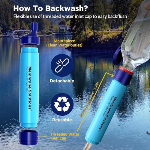 Membrane Solutions Personal Water Filter, Survival Filtration Straw Portable Gear, Emergency Preparedness, Supply for Drinking Hiking Camping Travel Hunting Fishing Team Family Outing (Blue, 1 Pack)